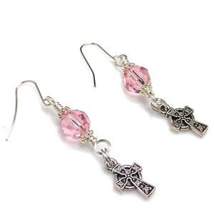 Women’s Cross Earrings, Handmade Wire Wrapped Earrings, Pink Swarovski Beads